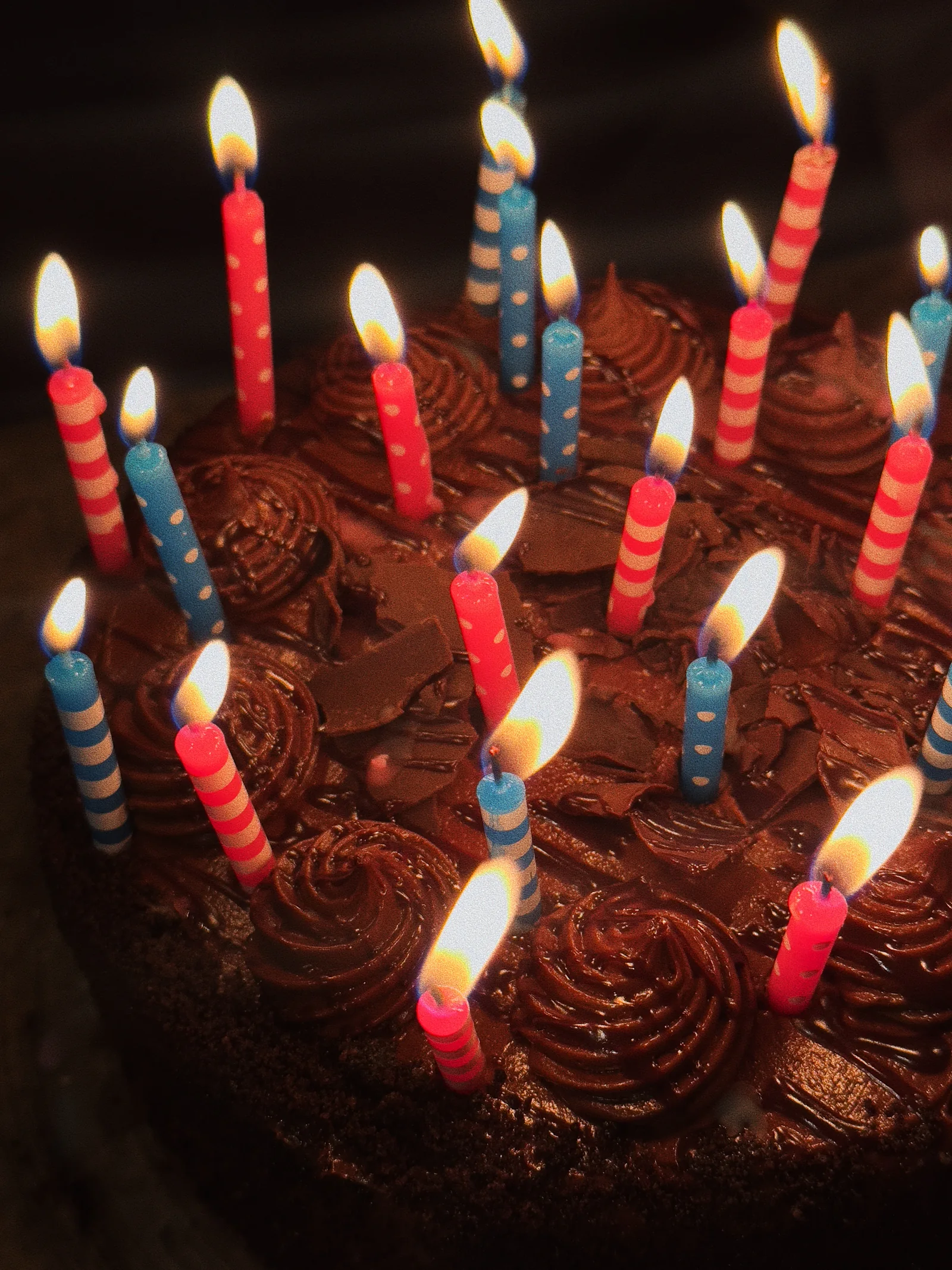 Colorful candles glowing on chocolate cupcakes