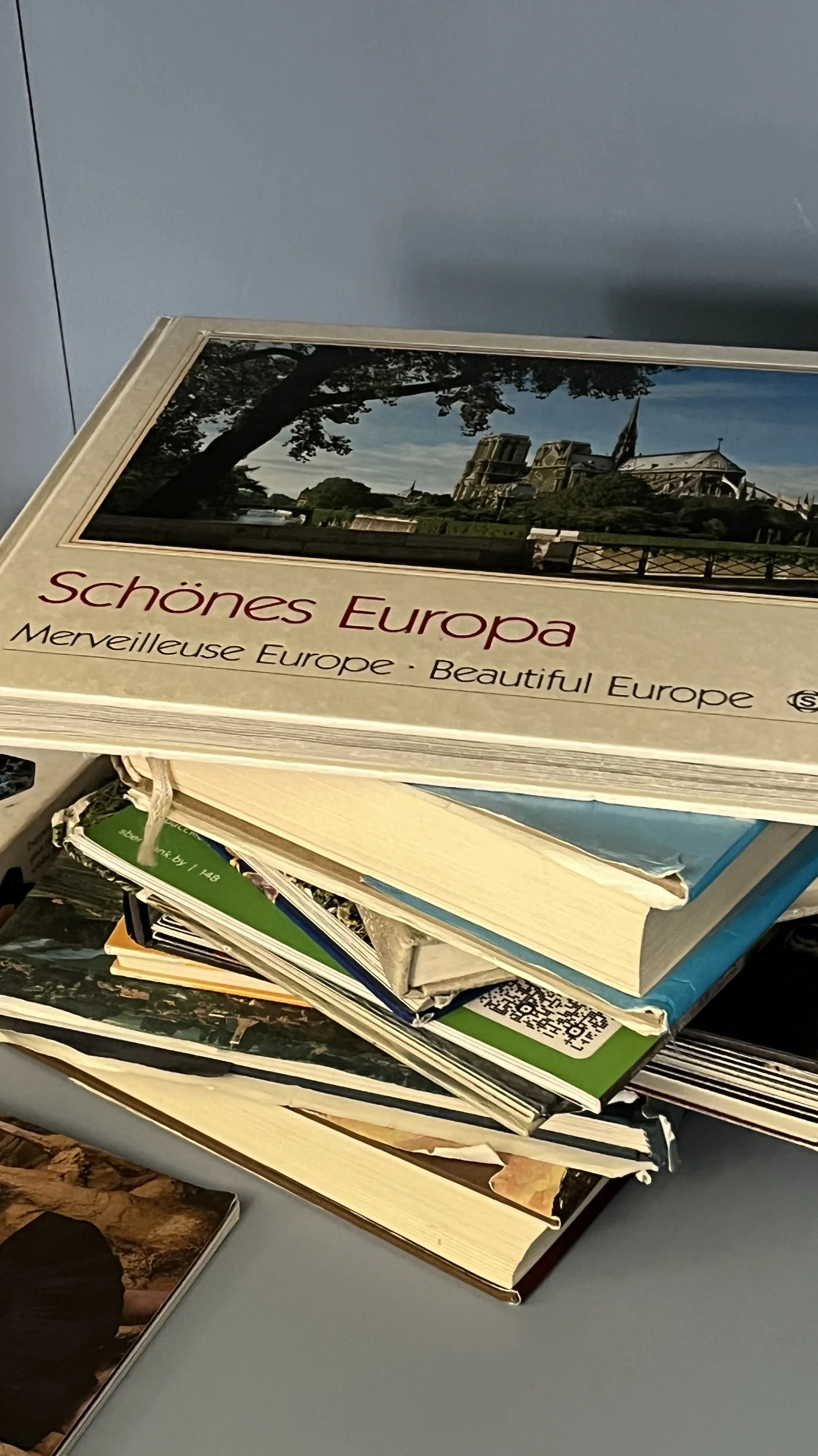 Vintage travel books stacked together