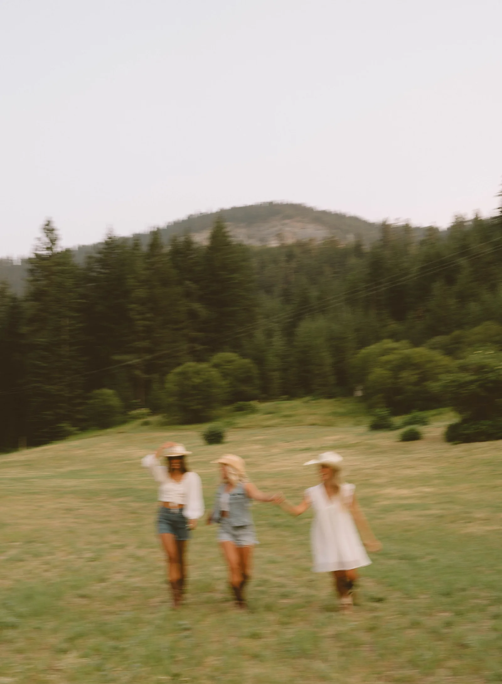 Friends running through a meadow beside a forest